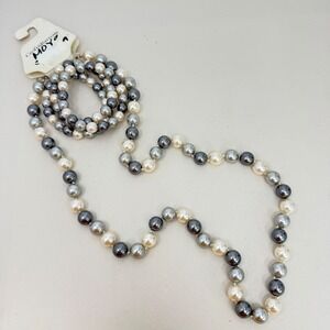 Croft & Barrow Faux Pearl Necklace & Bracelet Set Gray Silver Cream Long Beaded